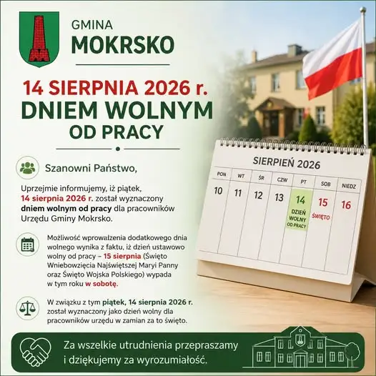 Urząd Gminy Mokrsko nieczynny 14 sierpnia – dodatkowy dzień wolny