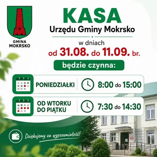 Zmiana godzin otwarcia kasy Urzędu Gminy Mokrsko od 31 sierpnia
