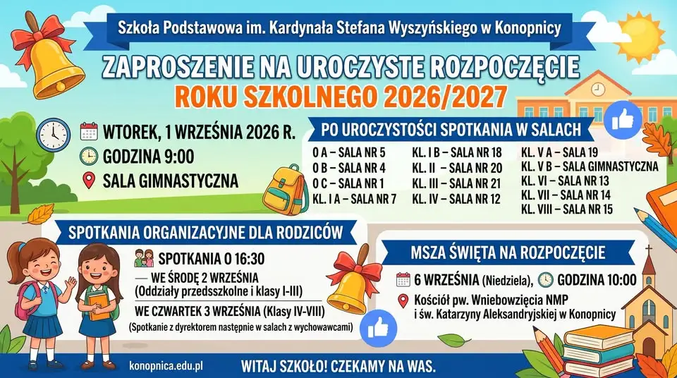 Rozpoczęcie roku szkolnego 2026/2027 w Konopnicy – szczegóły uroczystości