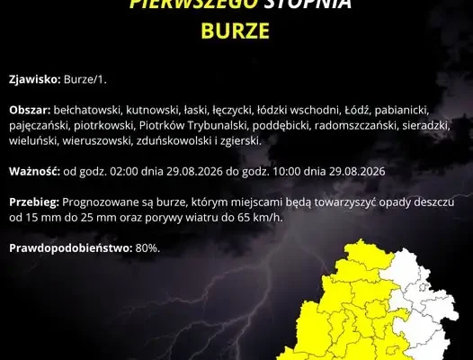 IMGW ostrzega: burze nad województwem łódzkim – alert 1. stopnia