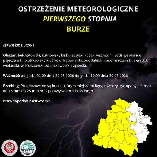 IMGW ostrzega: burze nad województwem łódzkim – alert 1. stopnia