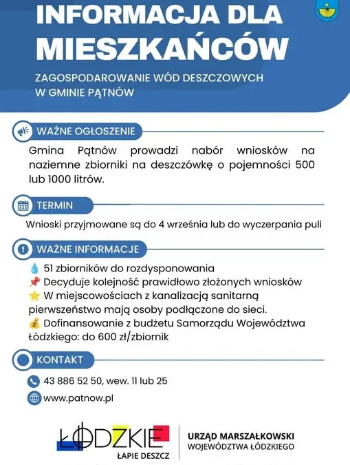 Gmina Pątnów: nabór wniosków na zbiorniki na deszczówkę do 4 września