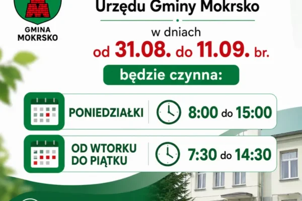 Zmiana godzin pracy kasy w Urzędzie Gminy Mokrsko od 31 sierpnia