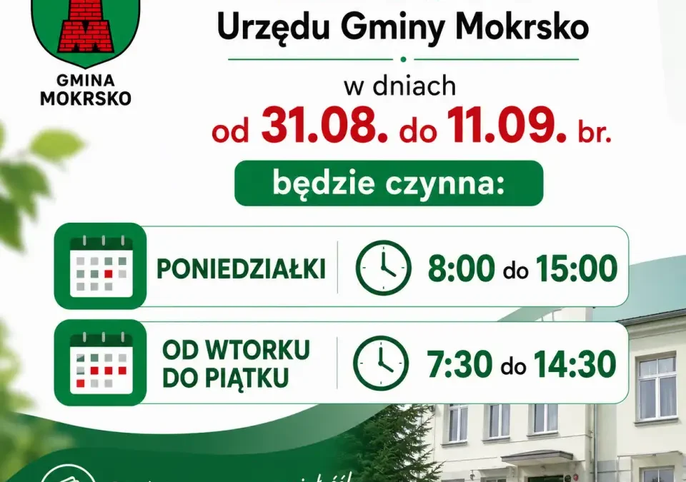 Zmiana godzin pracy kasy w Urzędzie Gminy Mokrsko od 31 sierpnia