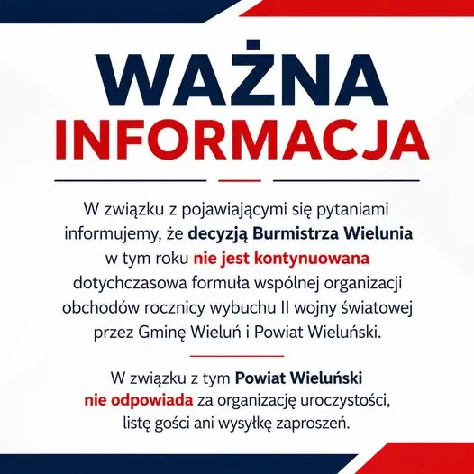 Rocznica wybuchu II wojny światowej: Powiat Wieluński nie organizuje wspólnych obchodów z gminą