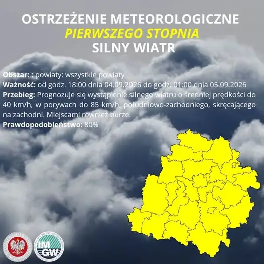 Ostrzeżenie IMGW: Silny wiatr i burze w nocy z piątku na sobotę