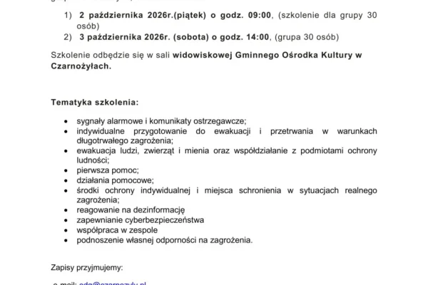 Gmina Czarnożyły zaprasza na szkolenie z ochrony ludności i obrony cywilnej